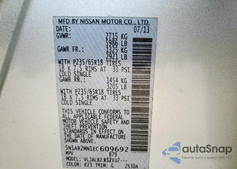 2014 Nissan Pathfinder S z USA, uszkodzony, nr VIN 5N1AR2MN1EC609692